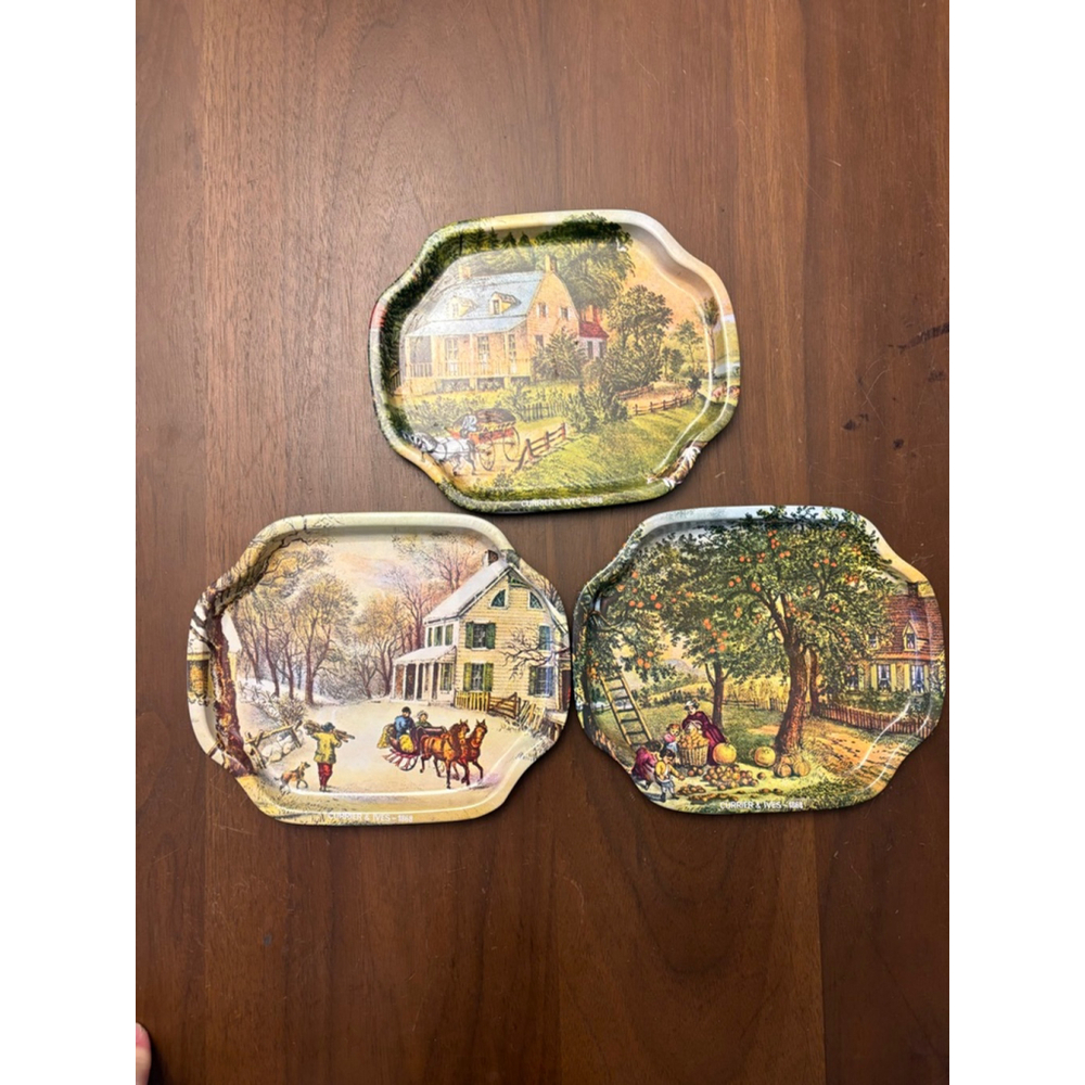 Vintage Currier & Ives "American Homestead" Tin Snack Trays Set of 3
